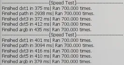 A speedtest showing the performance of a texture created with various settings of textureFormat, **with mipmaps**.

`mipmaps = true; textureEdge = "wrap".`
